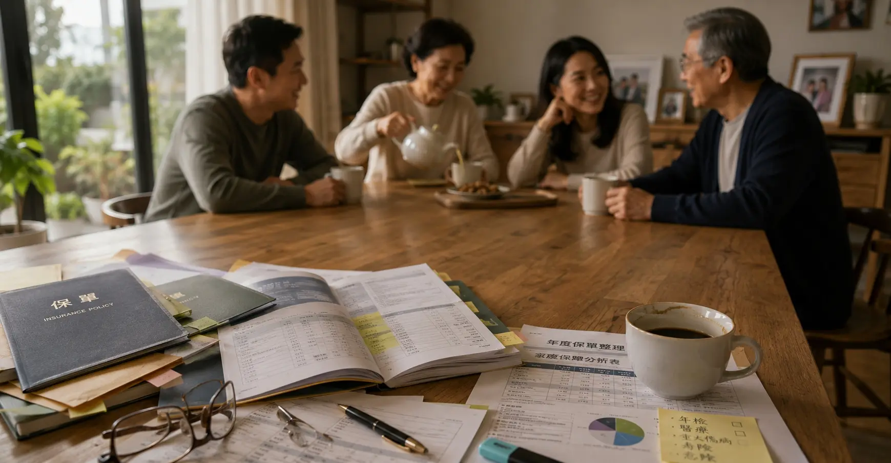 一家人進行家庭保障保單年檢，桌上擺放保單與保障分析資料