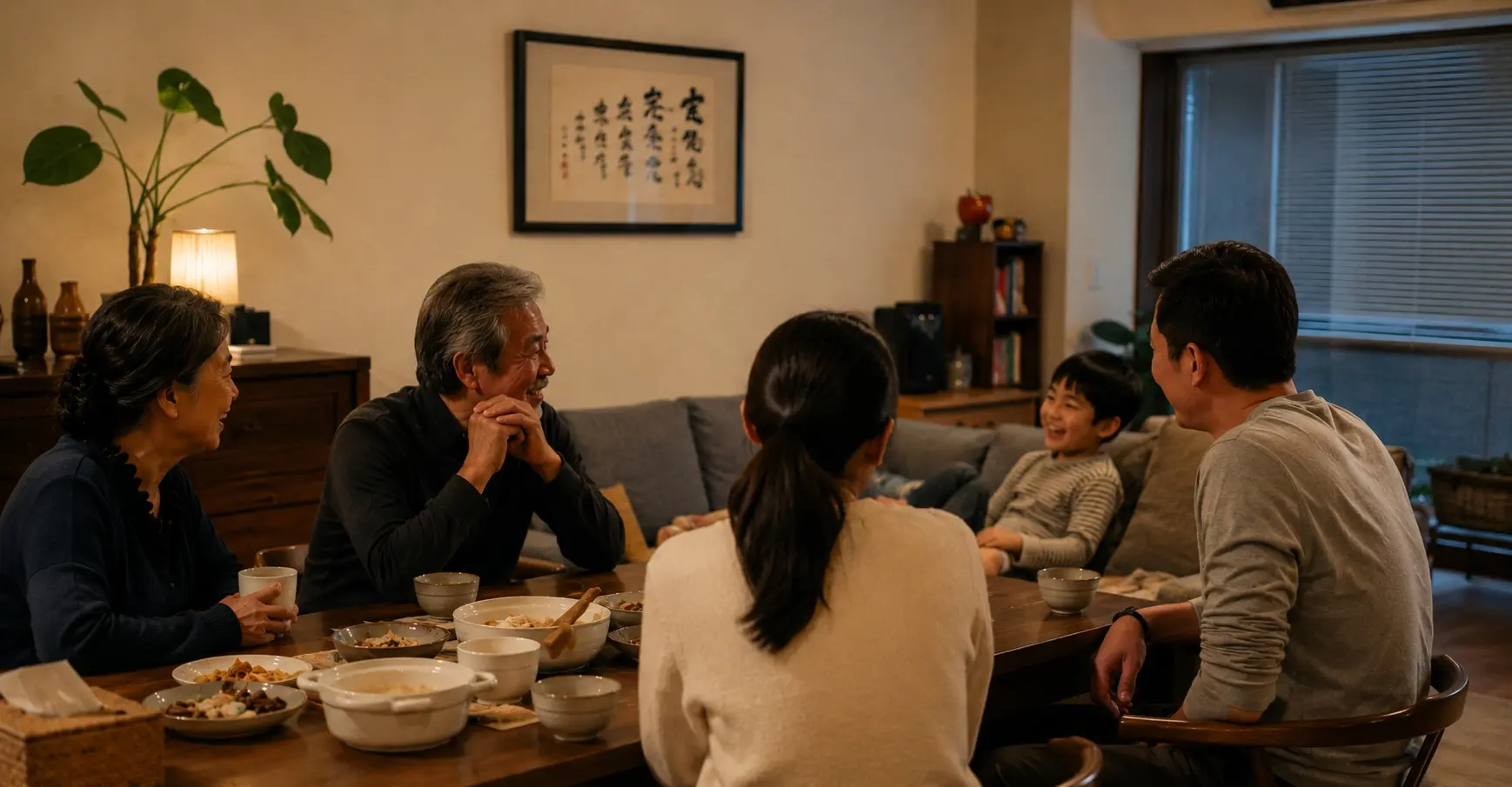 一家三代晚餐後自然聊天,呈現資產傳承與家庭生活延續的溫暖時刻。