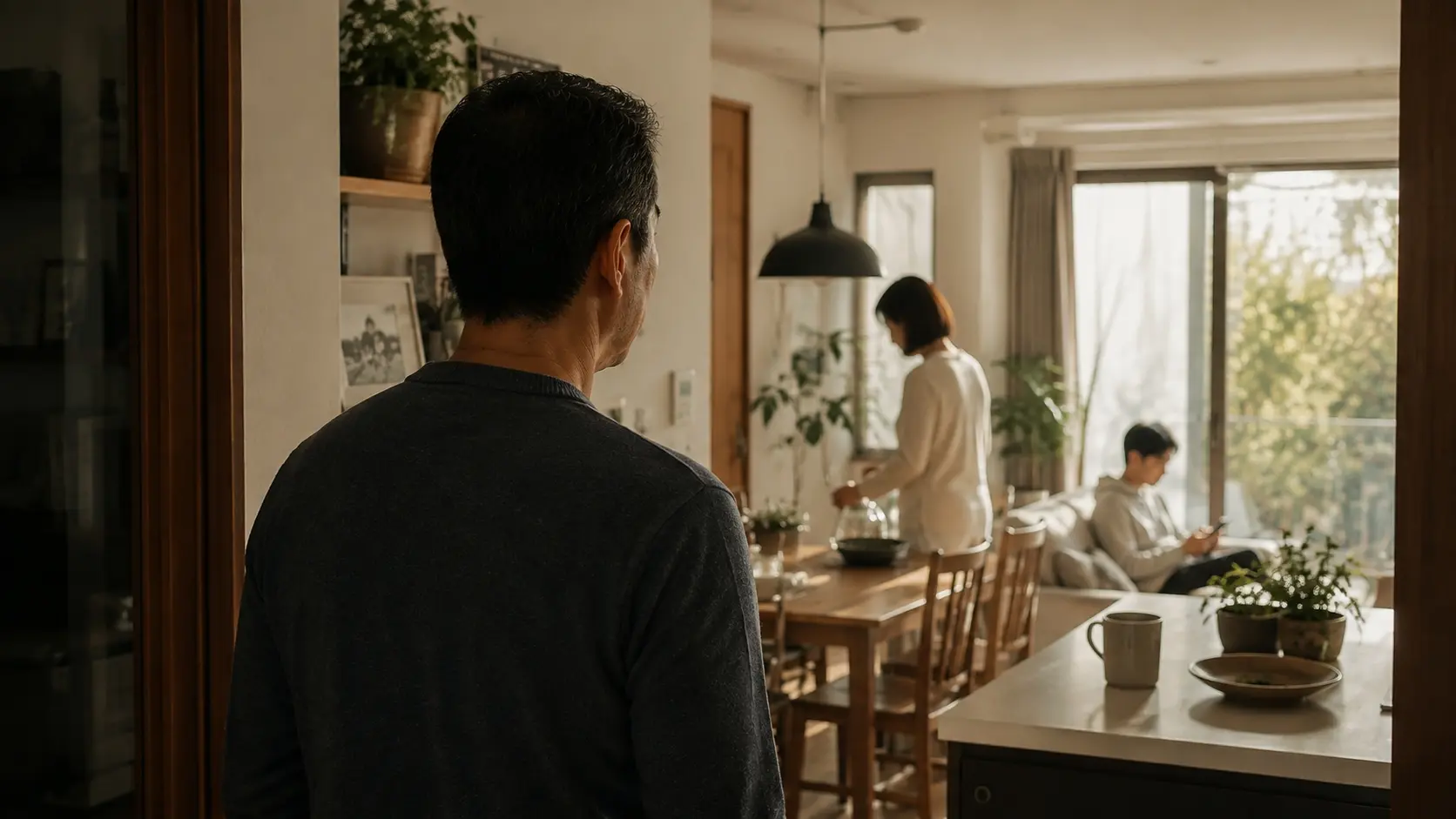 重組家庭財務規劃,一位父親看著現任配偶與成年子女的家庭生活